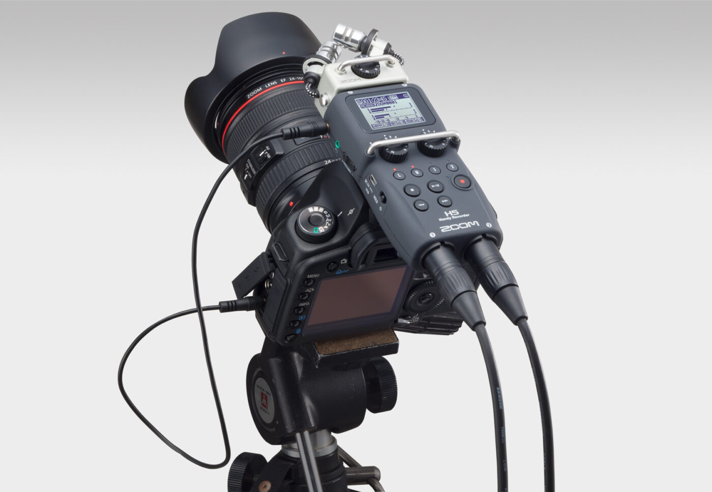 Zoom H5 mit angeschlossenen Kabeln auf einem Stativ