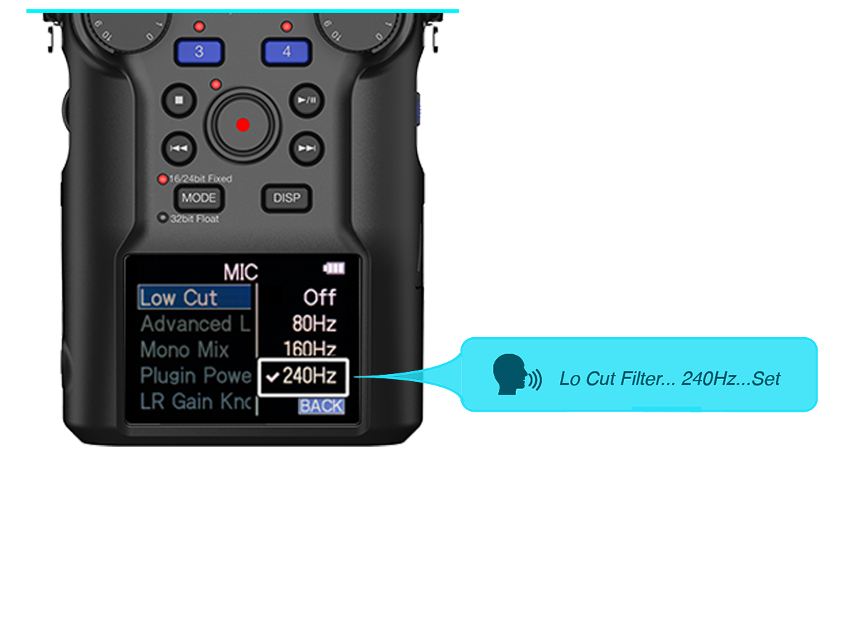 Farbdisplay des Zoom H6studio mit Menü für den Low-Cut-Filter und Sprachansage