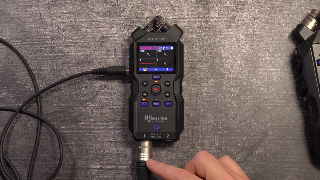Zoom H4essential mit angeschlossenem XLR-Kabel